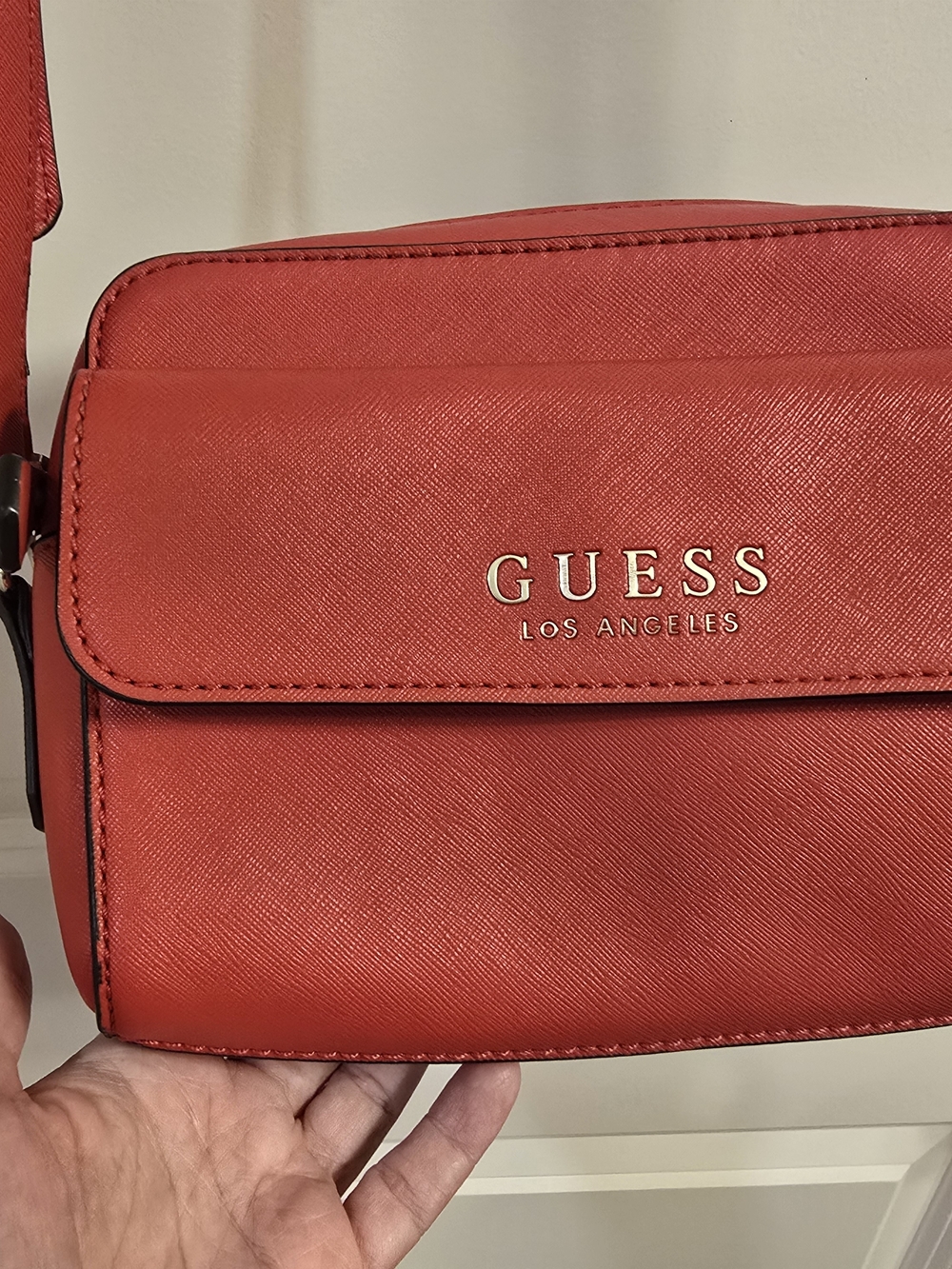GUESS Los Angeles Red Saffiano Crossbody Bag with Gold Logo
